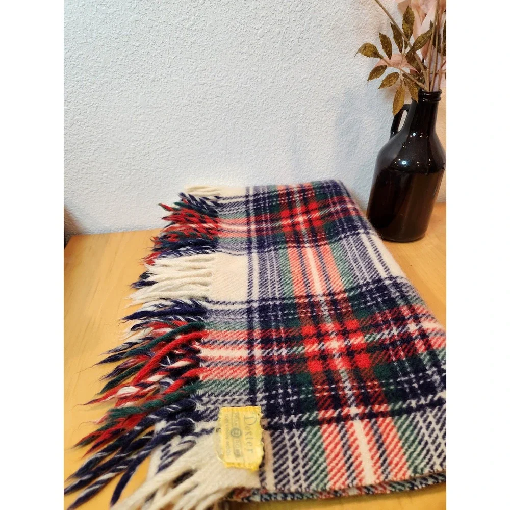 vtg Dexter Pram Robe Blanket 100% Virgin Wool Plaid Throw Fringe Red Blue Green‎